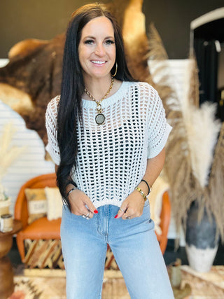 Carlie Crochet White Short Sleeve Top-Sweaters-ee: some-Motis & Co Boutique, Women's Fashion Boutique in Carthage, Missouri