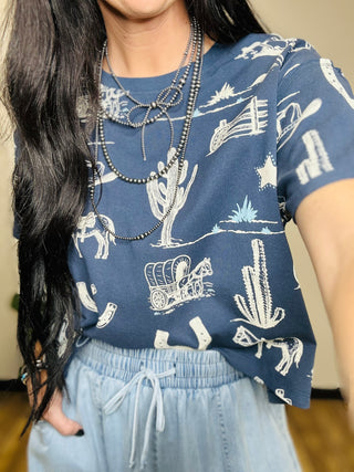 Clancy Western Print Boxy Tee - Navy-Short Sleeves-Taelynn-Motis & Co Boutique, Women's Fashion Boutique in Carthage, Missouri
