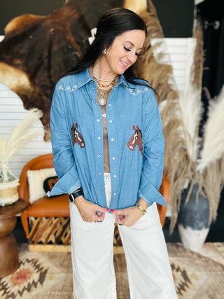 Lena Western Denim Embroidery Shirt-Long Sleeves-Taelynn-Motis & Co Boutique, Women's Fashion Boutique in Carthage, Missouri