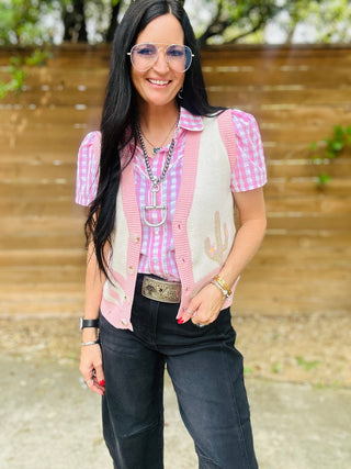 Cora Cactus Button Up Sweater Vest-Sweaters-Turquoise Haven-Motis & Co Boutique, Women's Fashion Boutique in Carthage, Missouri