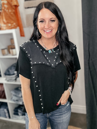 Sharla Black Pearl Detail Ribbed Top-Short Sleeves-POL-Motis & Co Boutique, Women's Fashion Boutique in Carthage, Missouri