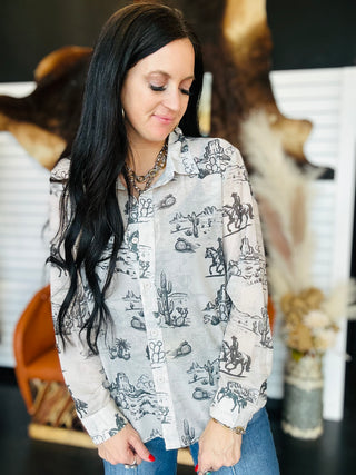 Desi Chiffon Pearl Snap Western Blouse-Long Sleeves-Lucky & Blessed-Motis & Co Boutique, Women's Fashion Boutique in Carthage, Missouri