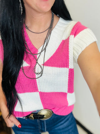 Checkered Sweater Vest in Pink - Nova-Sweaters-HYFVE-Motis & Co Boutique, Women's Fashion Boutique in Carthage, Missouri