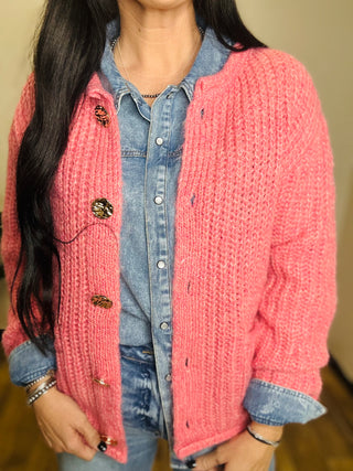 Katie Chunky Metal Button Down Cardigan - Pink-Cardigans-staccato-Motis & Co Boutique, Women's Fashion Boutique in Carthage, Missouri