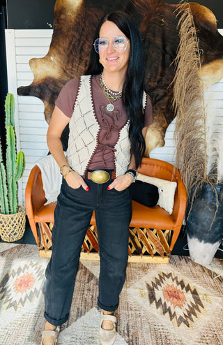 Tawny Tan Crochet Tie Front Vest-Short Sleeves-blu pepper-Motis & Co Boutique, Women's Fashion Boutique in Carthage, Missouri