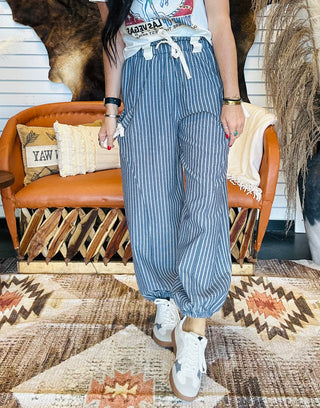 Beau Navy Striped Woven Jogger Pants