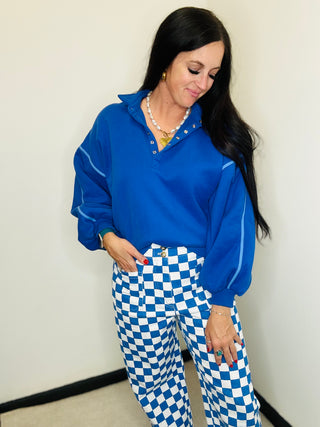 Alexa Contrast Piping Blue Pullover-Pullovers-Papermoon-Motis & Co Boutique, Women's Fashion Boutique in Carthage, Missouri