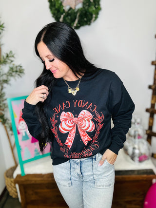 Black Candy Cane Bow Christmas Sweatshirt-Pullovers-Motis & CO-Motis & Co Boutique, Women's Fashion Boutique in Carthage, Missouri