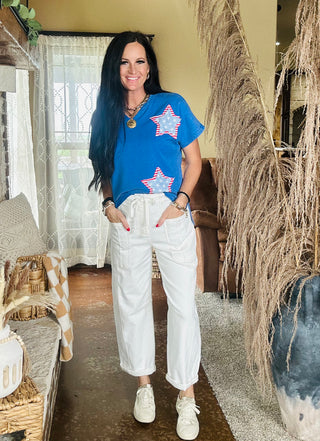 Pam Patriotic Patchwork Star Top-Short Sleeves-Pretty Bash-Motis & Co Boutique, Women's Fashion Boutique in Carthage, Missouri