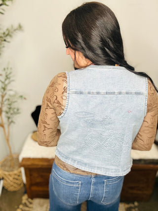 Cowboy Country Embossed Denim Vest-Vests-Merigold Kiss-Motis & Co Boutique, Women's Fashion Boutique in Carthage, Missouri