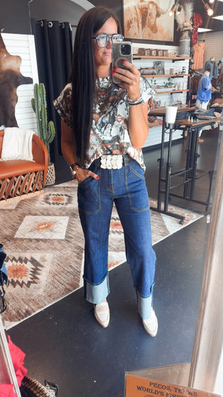 Run Wild Ribbed Western Print Top