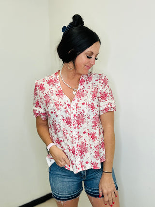 Stella Red Floral Print Blouse-Short Sleeves-GiGiO-Motis & Co Boutique, Women's Fashion Boutique in Carthage, Missouri
