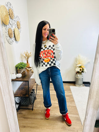 Gray Football Chiefs Checkered Sweatshirt-Pullovers-Motis & CO-Motis & Co Boutique, Women's Fashion Boutique in Carthage, Missouri