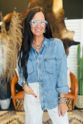 Remi Chambray Button Down Shirt-Long Sleeves-blu pepper-Motis & Co Boutique, Women's Fashion Boutique in Carthage, Missouri