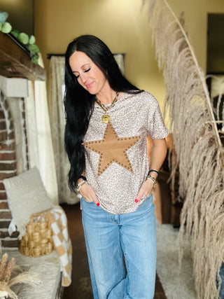 Olivia Studded Star Leopard Top-Short Sleeves-Pretty Bash-Motis & Co Boutique, Women's Fashion Boutique in Carthage, Missouri