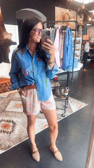 Patsy Western Denim Button Down Blouse-Long Sleeves-Taelynn-Motis & Co Boutique, Women's Fashion Boutique in Carthage, Missouri