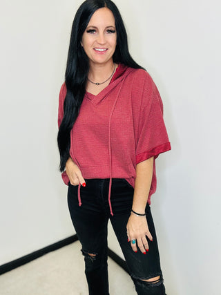 Oversized Waffle Knit Hoodie in Wine - Makenna-Hoodies-Andree by Unit-Motis & Co Boutique, Women's Fashion Boutique in Carthage, Missouri