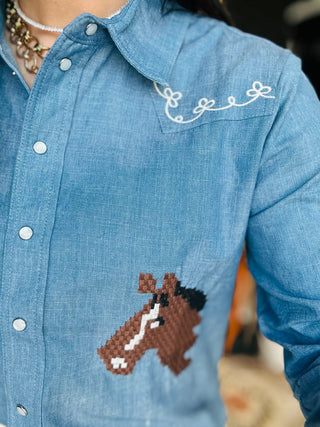 Lena Western Denim Embroidery Shirt-Long Sleeves-Taelynn-Motis & Co Boutique, Women's Fashion Boutique in Carthage, Missouri