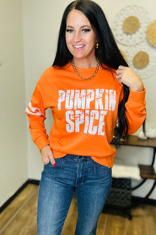 Pumpkin Spice Orange Varsity Sweatshirt-graphic Sweatshirt-Dear Lover-Motis & Co Boutique, Women's Fashion Boutique in Carthage, Missouri