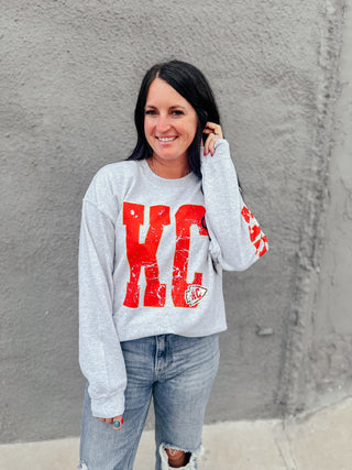 KC Football Chiefs Sleeve Sweatshirt-Pullovers-Southern Babe Wholesale-Motis & Co Boutique, Women's Fashion Boutique in Carthage, Missouri