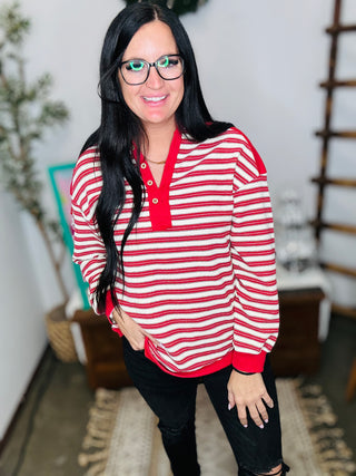 Valorie Red Strip Pullover-Pullovers-Motis & CO-Motis & Co Boutique, Women's Fashion Boutique in Carthage, Missouri