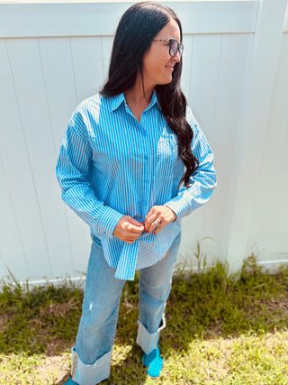 Whitney Blue Pin Striped Blouse-Long Sleeves-HYFVE-Motis & Co Boutique, Women's Fashion Boutique in Carthage, Missouri