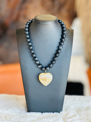 Aspen Black Beaded Tan Stone Heart Necklace-Necklace-What's Hot-Motis & Co Boutique, Women's Fashion Boutique in Carthage, Missouri
