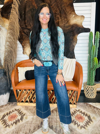 Trina Turquoise Aztec Print Mesh Top-Long Sleeves-Lucky & Blessed-Motis & Co Boutique, Women's Fashion Boutique in Carthage, Missouri