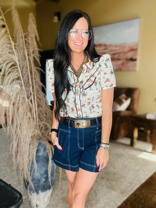 Callie Western Print Pearl Snap Blouse-Short Sleeves-Lucky & Blessed-Motis & Co Boutique, Women's Fashion Boutique in Carthage, Missouri