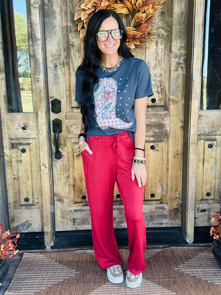 Bart Elastic Waist Straight Leg Pant - Red