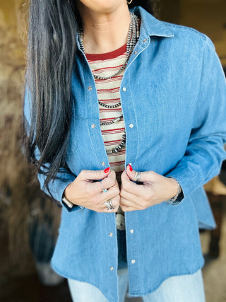 Daisy Denim Pearl Snap Blouse-Long Sleeves-Star Drop-Motis & Co Boutique, Women's Fashion Boutique in Carthage, Missouri