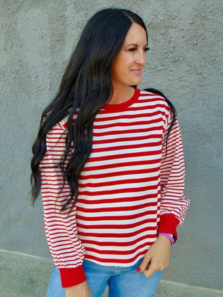 Kandy Red Balloon Sleeve Striped Top-Long Sleeves-Jodifl-Motis & Co Boutique, Women's Fashion Boutique in Carthage, Missouri