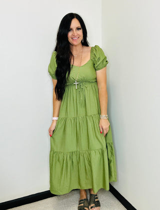 Ameila Smocked Tiered Midi Dress Olive-Dresses-blu pepper-Motis & Co Boutique, Women's Fashion Boutique in Carthage, Missouri