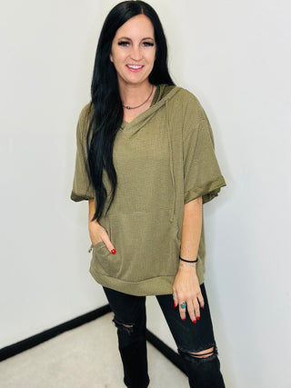 Oversized Waffle Knit Hoodie in Olive - Makenna-Hoodies-Andree by Unit-Motis & Co Boutique, Women's Fashion Boutique in Carthage, Missouri