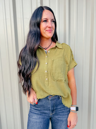 Rena Raw Edge Dolman Sleeve Blouse Green-Short Sleeves-GiGiO-Motis & Co Boutique, Women's Fashion Boutique in Carthage, Missouri