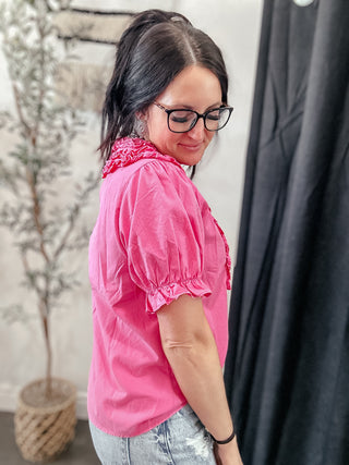 Pink Denim Button Up Top-Short Sleeves-Jodifl-Motis & Co Boutique, Women's Fashion Boutique in Carthage, Missouri