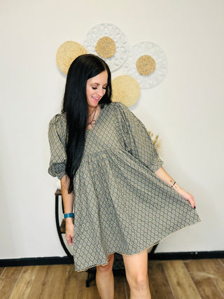 Blair Grey Printed Babydoll Dress-Dresses-GiGiO-Motis & Co Boutique, Women's Fashion Boutique in Carthage, Missouri