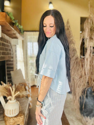 Tay Short Sleeve Blue Button Up Top-Short Sleeves-HYFVE-Motis & Co Boutique, Women's Fashion Boutique in Carthage, Missouri