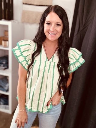 Sophie Green Stripe V-Neck Ruffle Sleeve Top-Short Sleeves-Entro-Motis & Co Boutique, Women's Fashion Boutique in Carthage, Missouri