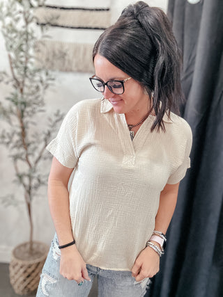 Cream Gauze Open Collard Neck Top-Short Sleeves-Jodifl-Motis & Co Boutique, Women's Fashion Boutique in Carthage, Missouri