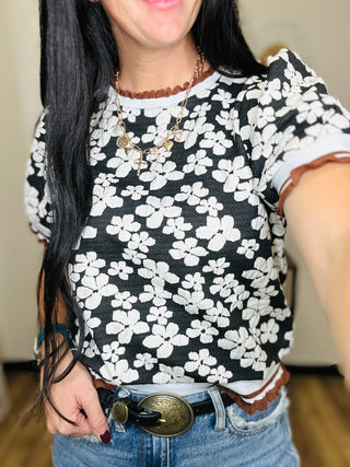 Nicole Embossed Flower Puff Sleeve Top Black-Short Sleeves-Anniewear-Motis & Co Boutique, Women's Fashion Boutique in Carthage, Missouri