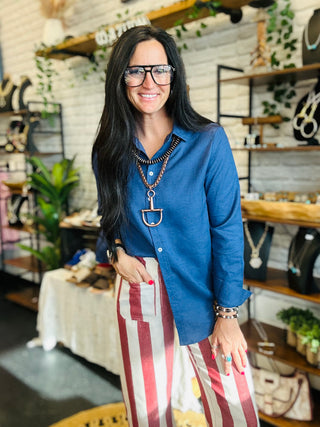 Cassie Classic Blue Button Down Blouse-Long Sleeves-Urban Daizy-Motis & Co Boutique, Women's Fashion Boutique in Carthage, Missouri