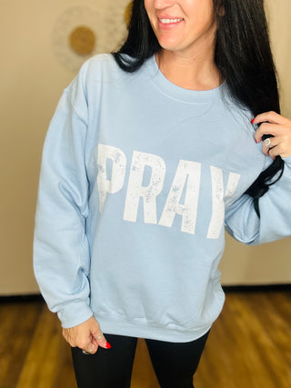 Pray Long Sleeve Blue Graphic Sweatshirt-graphic Sweatshirt-Motis-Motis & Co Boutique, Women's Fashion Boutique in Carthage, Missouri