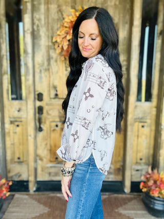 Fast Hand Western Print Button Up Blouse