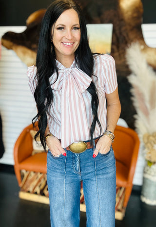 Skye Tie Neck Short Sleeve Blouse Blush-Long Sleeves-Howdy Hanny-Motis & Co Boutique, Women's Fashion Boutique in Carthage, Missouri