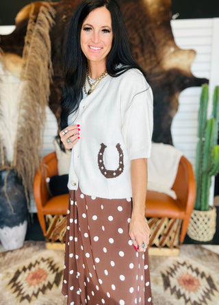 Hannah Horseshoe Short Sleeve White Cardigan-Sweaters-24th-Motis & Co Boutique, Women's Fashion Boutique in Carthage, Missouri