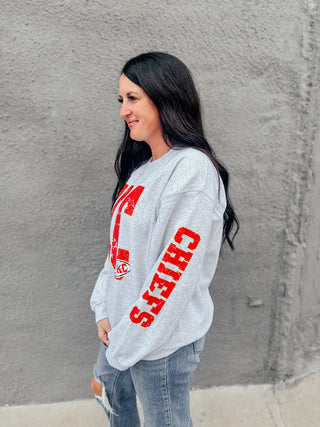 KC Football Chiefs Sleeve Sweatshirt-Pullovers-Southern Babe Wholesale-Motis & Co Boutique, Women's Fashion Boutique in Carthage, Missouri