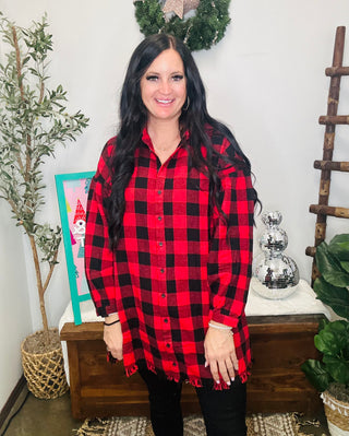 Starla Oversized Red Buffalo Plaid Shirt-Long Sleeves-Risen-Motis & Co Boutique, Women's Fashion Boutique in Carthage, Missouri