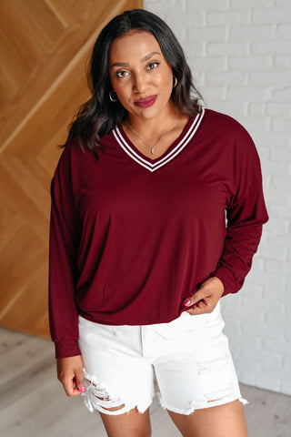 All Out Comfort V-Neck Pullover in Red Merlot-Long Sleeves-Ave Shops-Motis & Co Boutique, Women's Fashion Boutique in Carthage, Missouri