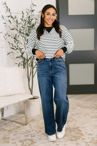 Almost Therapeutic Drop Shoulder Pullover in White and Black-Sweaters-Ave Shops-Motis & Co Boutique, Women's Fashion Boutique in Carthage, Missouri